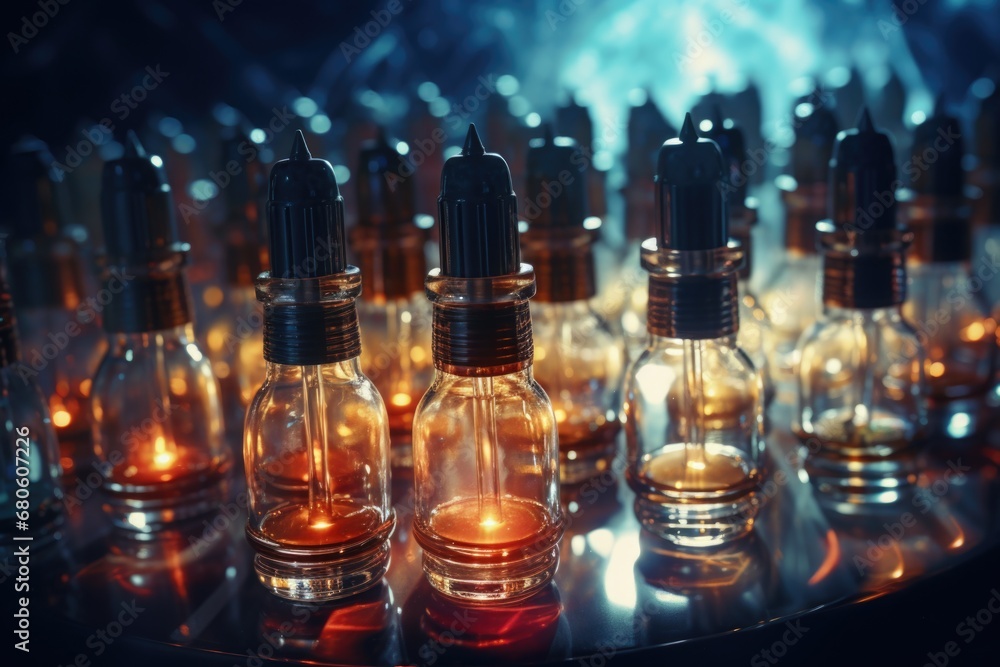 Poster a collection of small glass bottles filled with candles. versatile and elegant, perfect for adding a