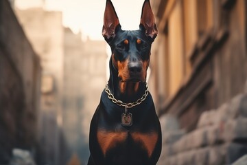 A picture of a black and brown dog wearing a chain around its neck. Can be used to depict a pet, ownership, or animal care. - Powered by Adobe