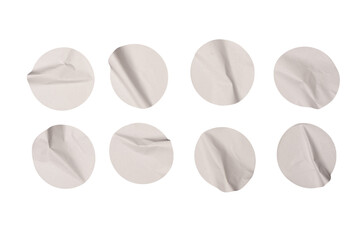 Round white stickers, blank tags labels isolated on a white background.