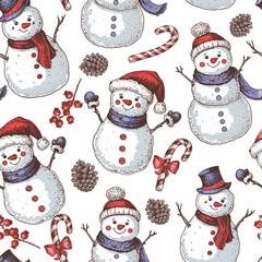 Christmas seamless pattern with snowman. Hand drawn vector illustration.
