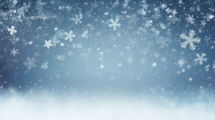 blue blurry christmas background with snowflakes falling, copy space