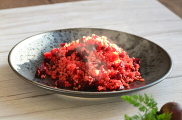 preparation of bulgur meal with beetroot, healthy diet food background