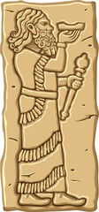 Sumerian stone figure. Akkadian, assyrian old sculpture on walls. Figure of a man carved on clay or stone. Аncient civilization middle east. Vector illustration.