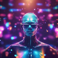 futuristic human face in neon hologram. 3d illustration. futuristic human face in neon hologram. 3d illustration. 3d rendering of futuristic human head in neon lights with holokeh