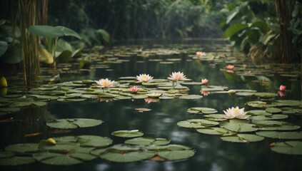 Water lilies floating on a serene jungle pond - AI Generative