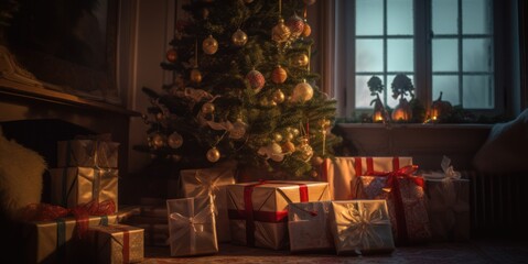 Festive Christmas tree with lights and presents in classic indoor setting, evening, twilight.