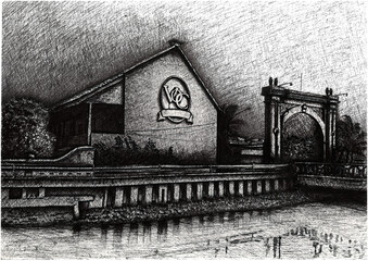 Shipyard of VOC (Vereenigde Oost Indische Compagnie) in old town Illustration handmade Drawing pen Kota Tua Jakarta