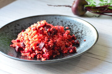 preparation of bulgur meal with beetroot, healthy diet food background