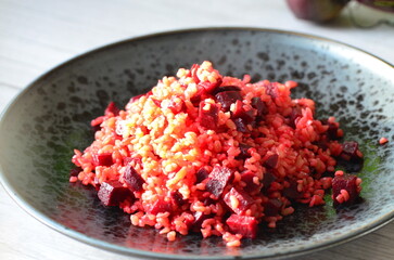 preparation of bulgur meal with beetroot, healthy diet food background