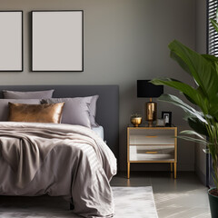 luxury upscale bedroom, interior mockup, Elegant Grey Decor