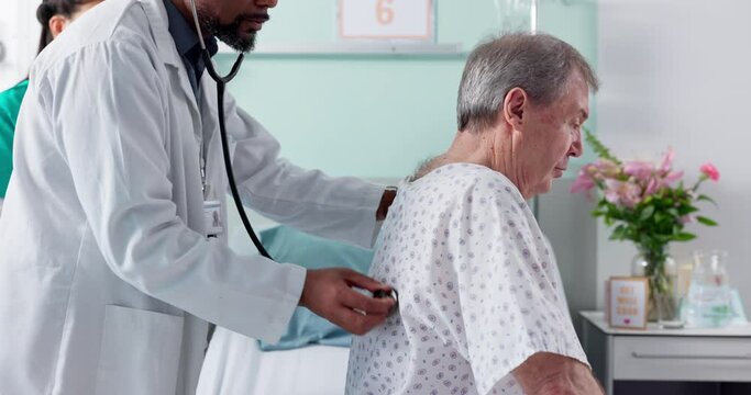 Doctor, patient and check lungs in hospital for elderly care of man health of heart, cardiovascular and problem. Male, person or nurse with stethoscope for listen, breathing or consulting for medical
