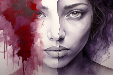  woman's face split in two contrasting styles: raw, emotional red watercolor and a detailed monochrome sketch, symbolizing the duality of human resilience and vulnerability.