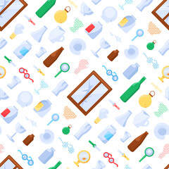 Broken unwanted Glass objects seamless pattern with kitchen utensils, window glass, jars, bottles, light bulbs, toys. Ornate for printing on fabric, wrapping and packaging. Vector isolated on white