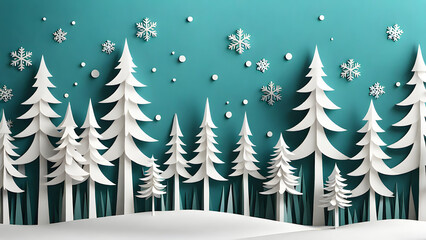 Winter fir tree forest covered with snow in paper cut style as christmas and new year background.