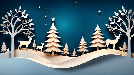 Winter fir tree forest covered with snow at night in paper cut style as christmas and new year background.