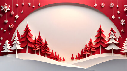Winter fir tree forest covered with snow in paper cut style as christmas and new year background.