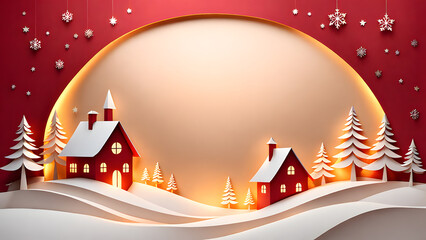 Winter landscape of village with fir tree covered with snow in paper cut style as christmas and new year background.