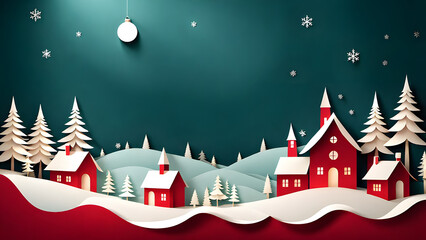 Winter landscape of village with fir tree covered with snow in paper cut style as christmas and new year background.