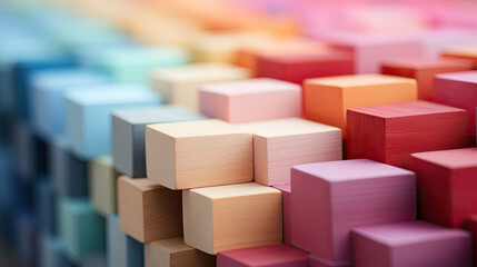 Spectrum of stacked multi-colored wooden blocks. Background or cover for something creative, diverse, expanding, rising or growing. shallow depth of field, Colorful wooden blocks aligned. Wide format,