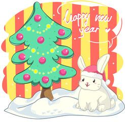 cute postcard for childrens with white rabbit in santa hat, green christmas tree and snow