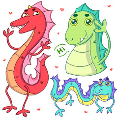 different cute cartoon dragons in vector. red funny dragon, green friendly dragon and funny blue dragon