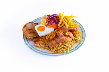 A delicious variety of steak, spaghetti with trimmings, fried eggs, french fries, salad with mayonnaise on plate with white background. Steak set with pasta. Various and delicious steak meal set.