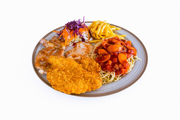 A delicious variety of steak, spaghetti with trimmings, fried eggs, french fries, salad with mayonnaise on plate with white background. Steak set with pasta. Various and delicious steak meal set.