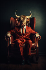 A bull in a red suit sits on a leather chair. AI Generated