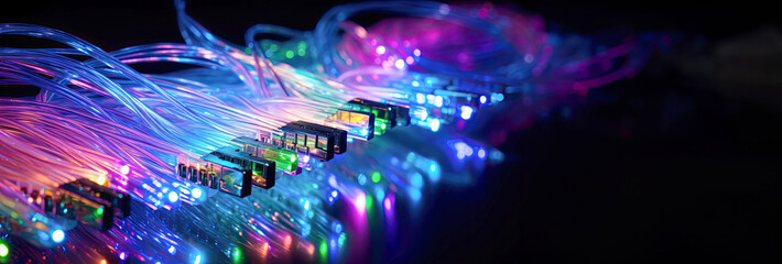 Colorful Abstract Close-up of Fiber Cables on a Black Background with copy space
