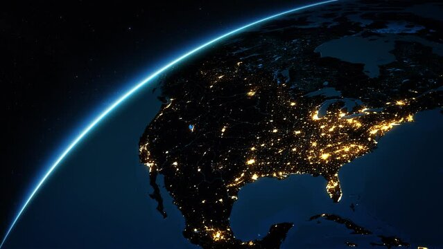 Great View of Earth Seen From Space. Spinning Animation of Earth From North America to Europe. Bright City Lights.