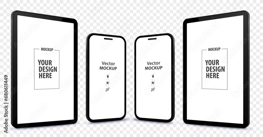 Poster mobile phone and tablet computer vector mockup illustration with perspective view. mobile device bla
