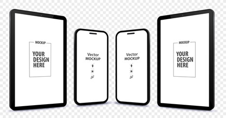 Mobile Phone and Tablet Computer Vector Mockup Illustration with Perspective View.  Mobile device blank screens isolated on transparent background.