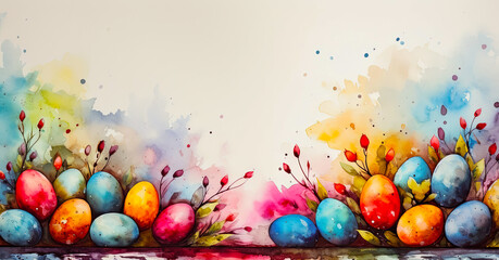 Watercolor drawing with colorful eggs, happy easter and spring greetings with space for concept