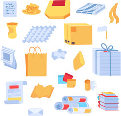 Collection of unwanted Paper Objects. Items out of use and subject to disposal. Recycling of Paper and carton industrial products. Cartoon vector isolated on white background