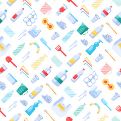 Plastic objects separation seamless pattern with bottle, canister, plate, fork, bag, polyethylene, packaging, tableware. Ornate for printing on fabric, wrapping and packaging. Vector isolated on white