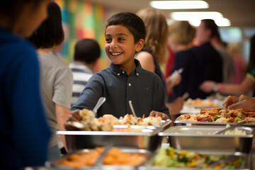 Happy child boy and other kids at buffet of cafeteria in elementary school or hotel - obrazy, fototapety, plakaty