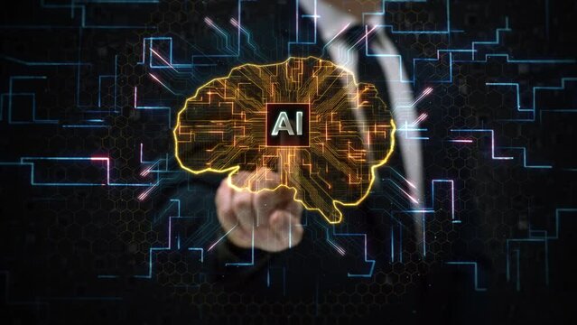 Animation of Artificial Intelligence IA Chip over a Human Brain. Male Hand Using Virtual Reality Touchscreen with Holographic Brain over a Circuit Board. Future Technology Concept. Deep Learning.