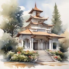 watercolor painting of a beautiful japanese temple in the morning watercolor painting of a...