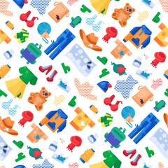 Worn unwanted textile objects separation seamless pattern with shoe, trousers, fiber, jeans, sweater, clothing, toys. Ornate for printing on fabric, wrapping and packaging. Vector isolated on white