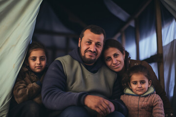 Portrait of refugee family dad with mom and childs at border checkpoint of tent camp. Concept Illegal immigrant due to war, loss of home - obrazy, fototapety, plakaty