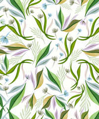 Autumn leaves, forest twigs on a white background. Vector. Vintage, pastel colors of autumn. Seamless background, pattern.