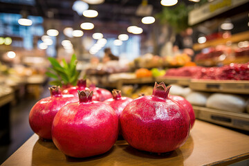 pomegranates in a booth at the fresh food market. AI generated