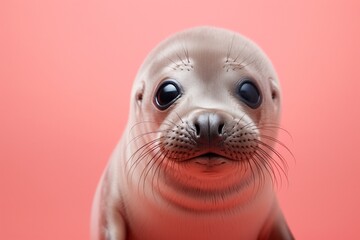 A curious baby seal, with its fluffy fur and soulful eyes, photographed in a studio, isolated on a radiant solid color background, conveying a sense of innocence and playfulness.