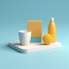 3d render of white empty orange coffee cup and milk box on blue background.3d render of white empty orange coffee cup and milk box on blue background.3d render. modern abstract minimal scene. 3d illus