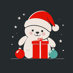 Christmas teddy bear with a gift box and decorations, vector illustration