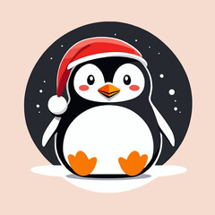Penguin with santa hat, cartoon vector illustration
