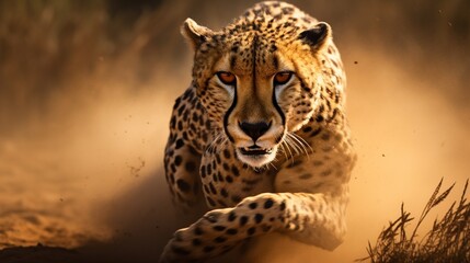 Graceful cheetah sprinting across the grasslands, dust trailing behind, capturing the essence of speed and power.