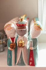 three kings day figurines decoration. Christmas holiday season home decor. EpiphanyThe Three Wise Men celebration on January six in Spain.
