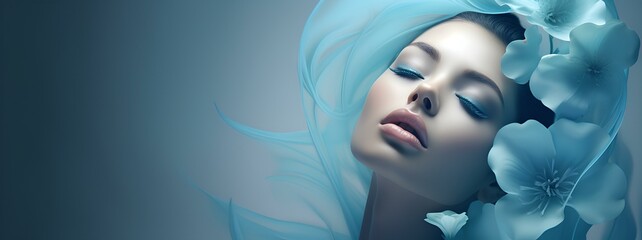 A sensual woman on a blue background with flowers, a banner for advertising cosmetics or perfumes with a delicate floral scent of freshness and lightness.