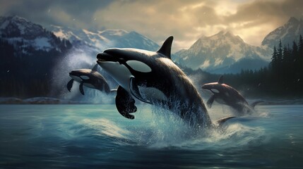 Powerful orcas leaping out of the ocean depths, their massive bodies gliding gracefully through the air before plunging back into the sea. - obrazy, fototapety, plakaty